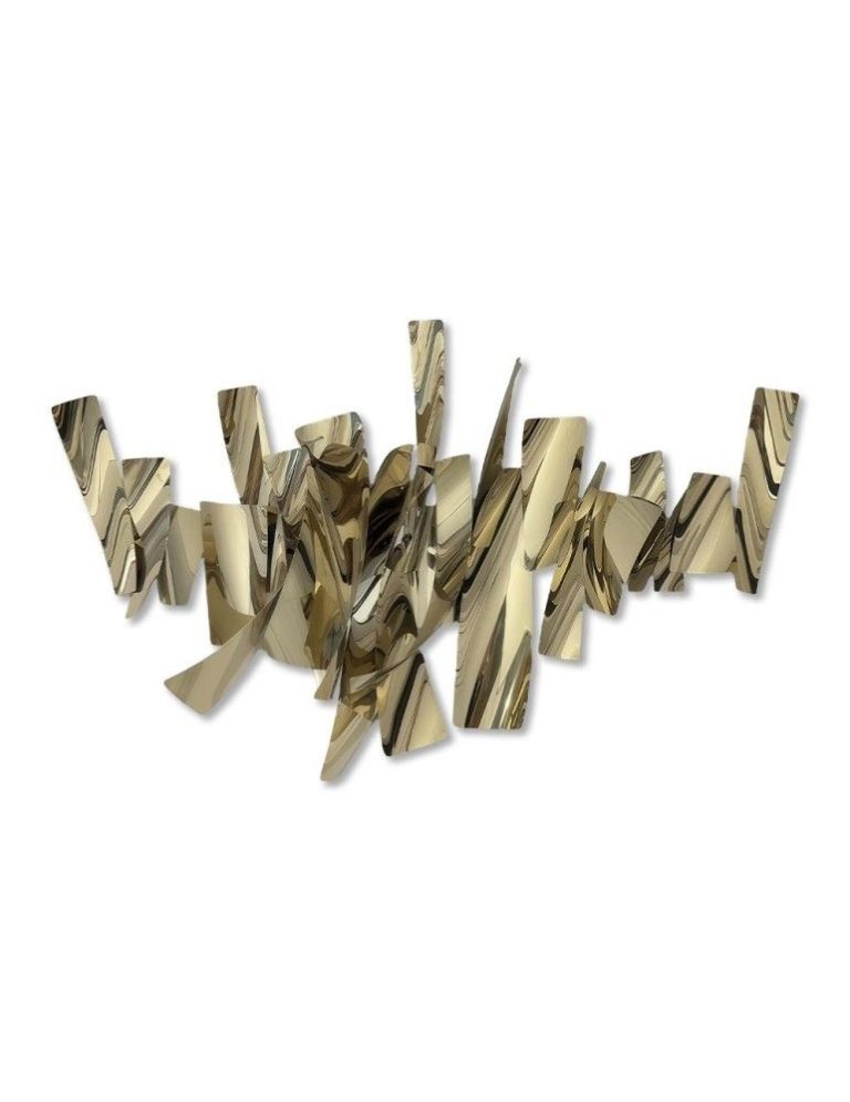 Brass wall sculpture in overlapping brushed strips