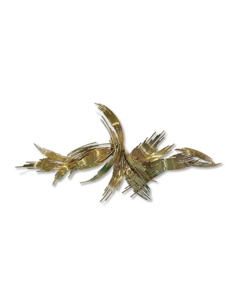 Gold metal wall sculpture in a feathered form