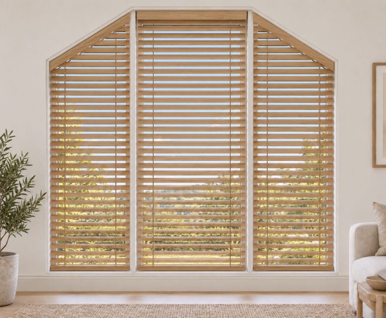 Wooden venetian blinds fitted to an apex window