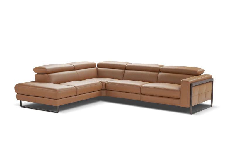 Leather corner sofa with a low back and a metal base
