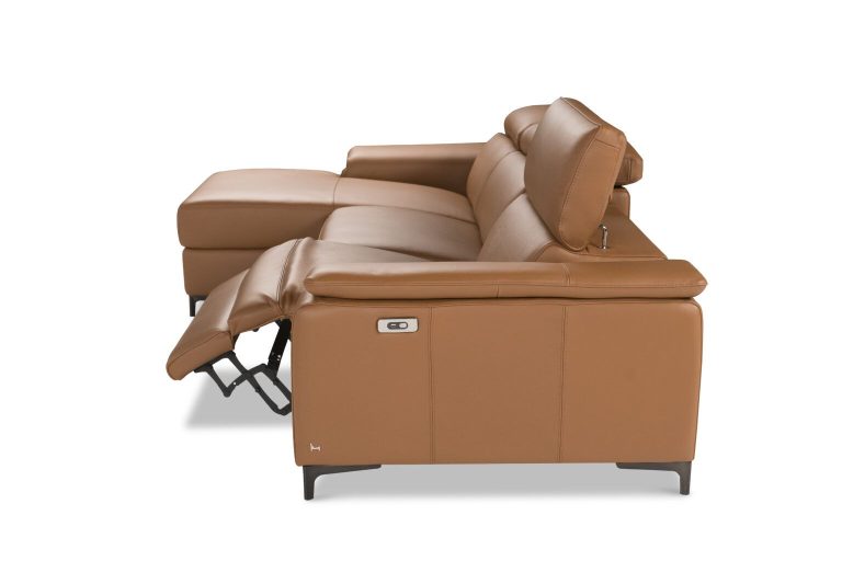 Reclining leather sofa in tan with a powered footrest