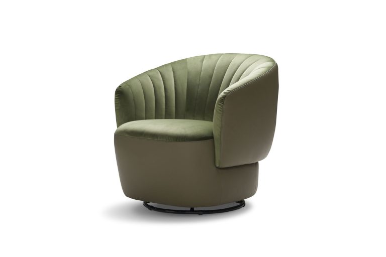 Swivel tub chair in green with a fluted back