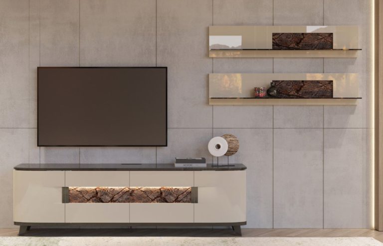 Fitted media wall unit with marble inlay and open shelving