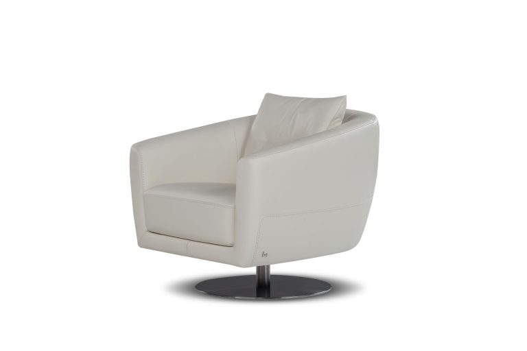 Swivel tub chair in cream leather on a polished base