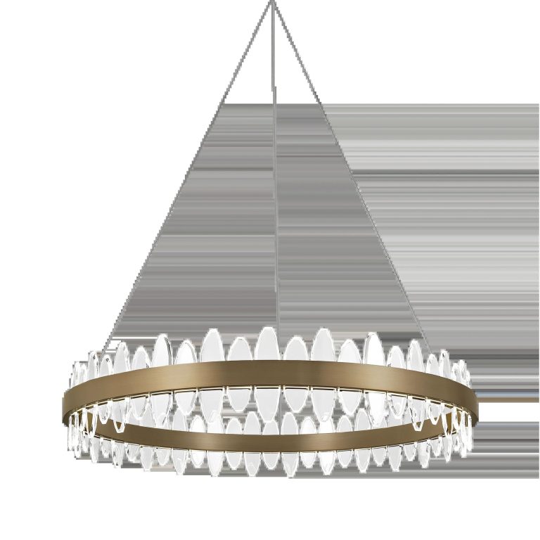 Circular chandelier with crystal drops on a brushed gold frame