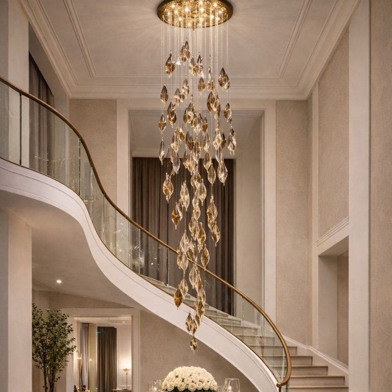Crystal cascade pendant hanging the full height of a staircase