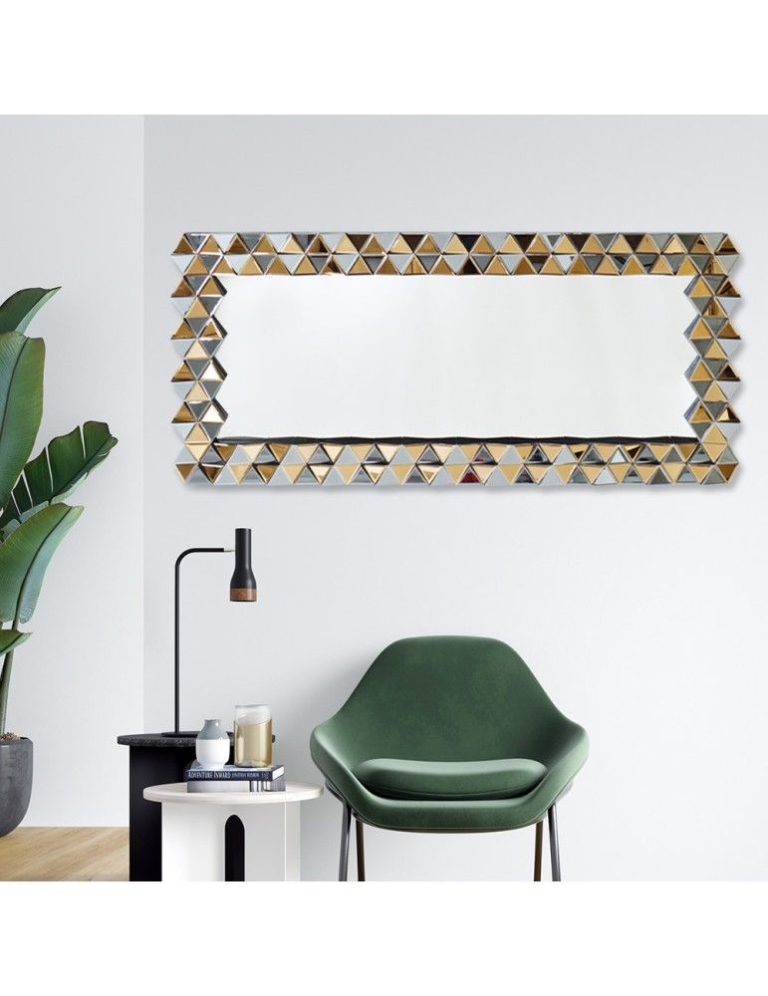 Long rectangular wall mirror with a patterned mosaic frame
