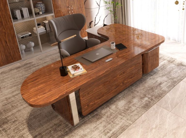 Curved executive desk in walnut with a leather chair