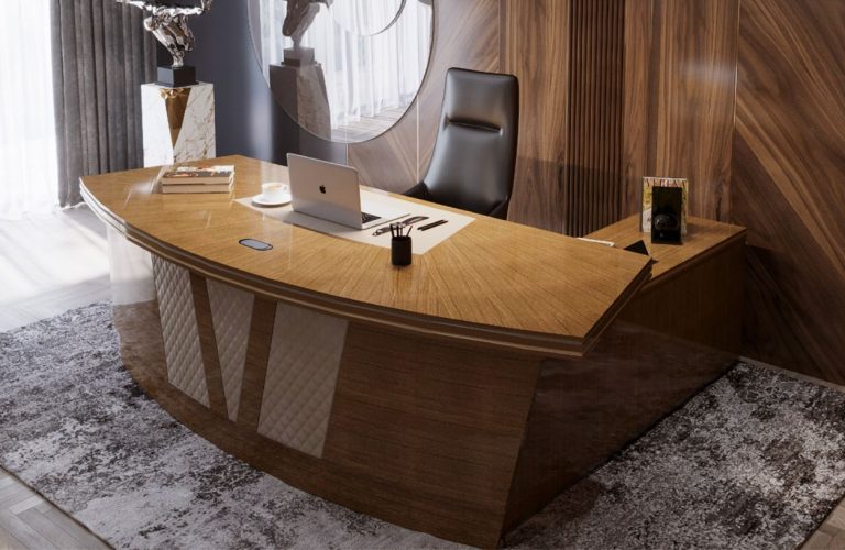 Home office desk in walnut against a panelled wall