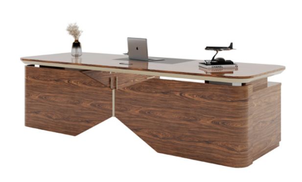 Desk in walnut with a stone top and cable management