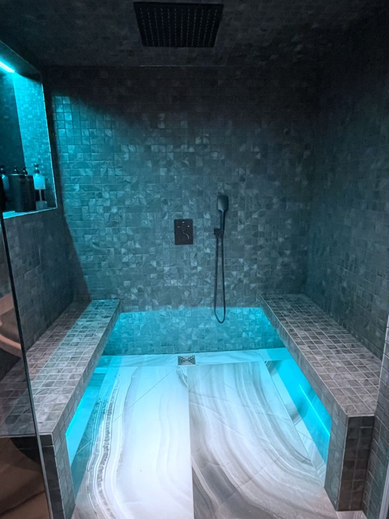 Steam room lined in teal mosaic with a rain shower