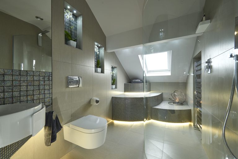 Bathroom with a rooflight, mosaic bench and walk-in shower