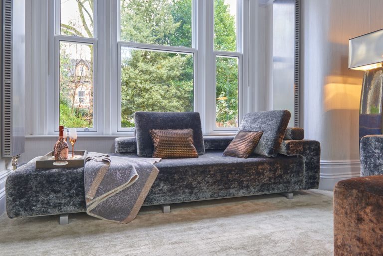 Velvet day bed in the bay window