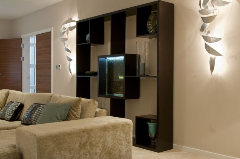 Bespoke display unit with crushed glass tile lit in the centre section