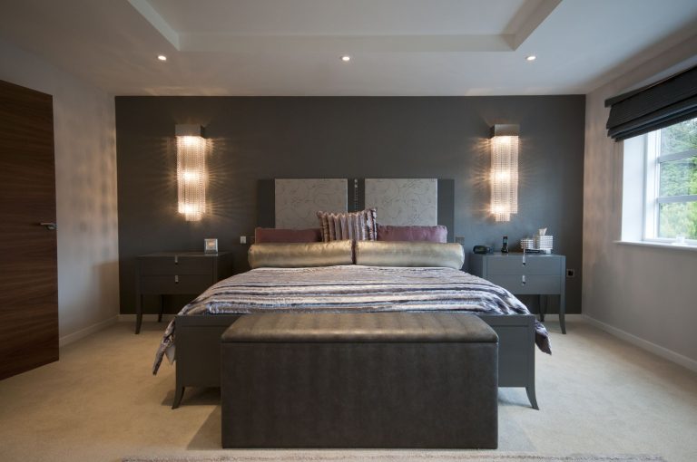 Hand-crafted Italian bed with crystal waterfall lights either side